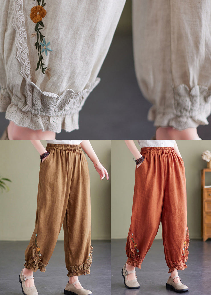 Casual Orange Embroideried Pockets Linen Lantern Pants Summer