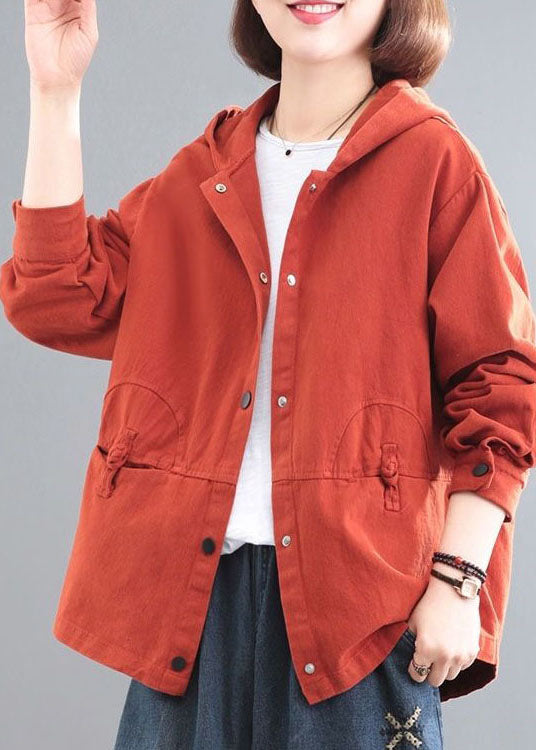 Casual Orange Hooded Chinese Button Denim Coat Long Sleeve