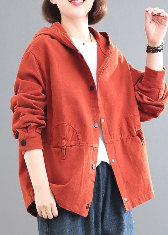 Casual Orange Hooded Chinese Button Denim Coat Long Sleeve