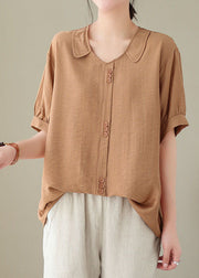 Casual Orange Peter Pan Collar Patchwork Cotton Shirt Tops Summer