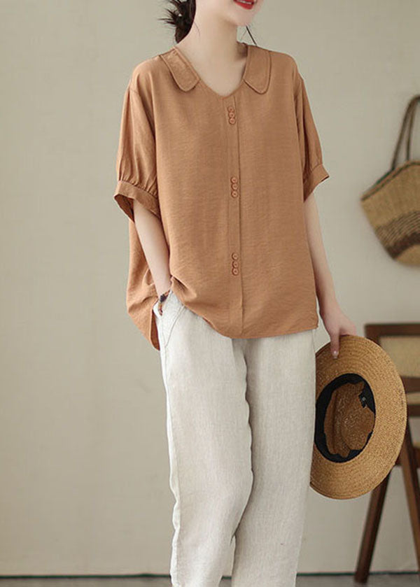 Casual Orange Peter Pan Collar Patchwork Cotton Shirt Tops Summer