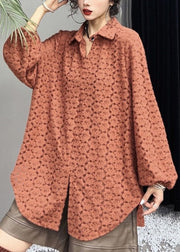 Casual Orange Peter Pan Collar Print Side Open Shirts Long Sleeve