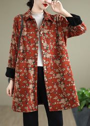 Casual Orange Peter Pan Collar Print Warm Fleece Shirts Coat Spring