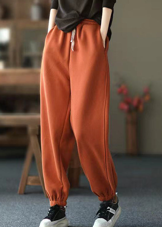 Casual Orange Pockets Elastic Waist Warm Fleece Pants Spring