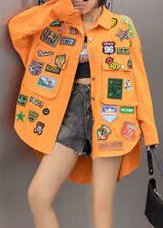 Casual Orange Pockets Graphic Patchwork Denim Coat Spring