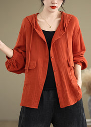 Casual Orange Pockets Linen Hoodies Outwear Spring