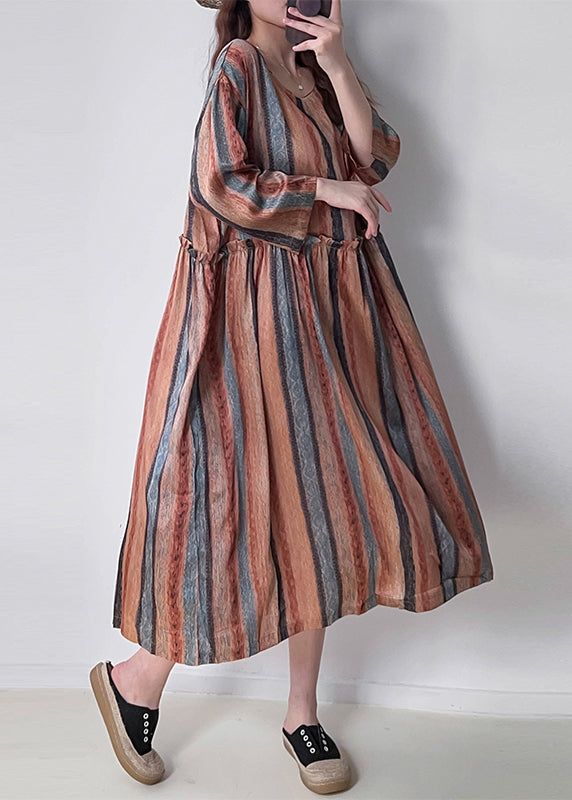 Casual Orange Ruffled Striped Silk Holiday Dress Fall