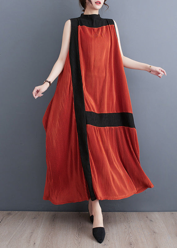 Casual Orange Turtleneck Patchwork Wrinkled Maxi Dress Sleeveless