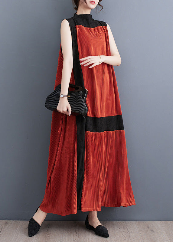 Casual Orange Turtleneck Patchwork Wrinkled Maxi Dress Sleeveless