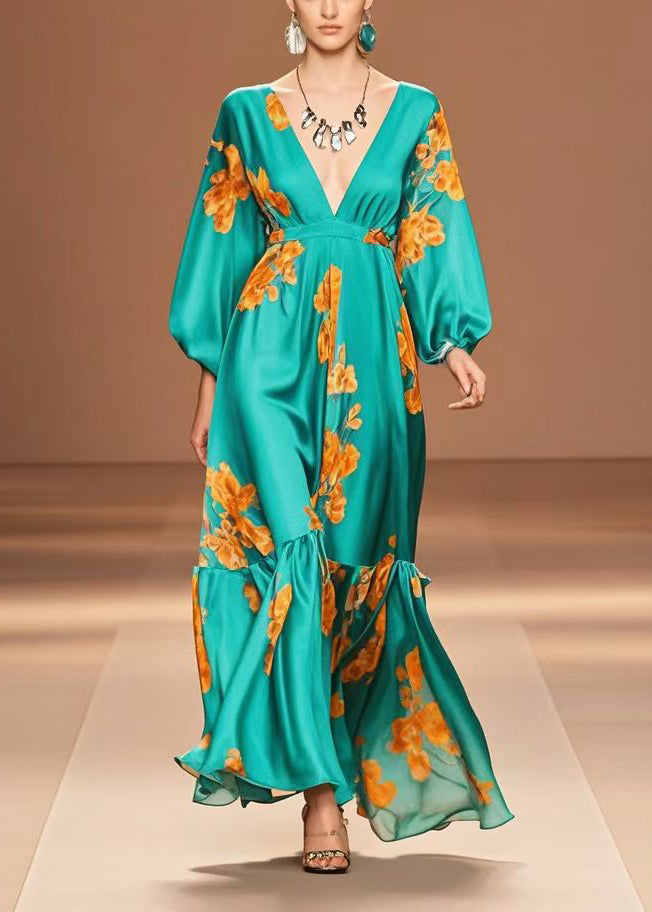 Casual Peacock Green V Neck Print Silk Dresses Spring