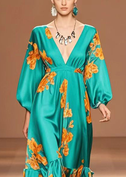 Casual Peacock Green V Neck Print Silk Dresses Spring