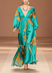 Casual Peacock Green V Neck Print Silk Dresses Fall