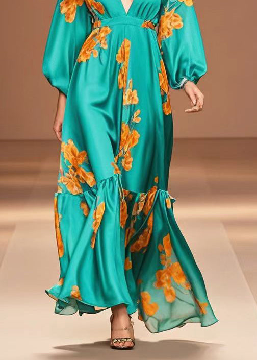 Casual Peacock Green V Neck Print Silk Dresses Fall