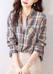 Casual Peter Pan Collar Plaid Cotton Shirts Top Spring