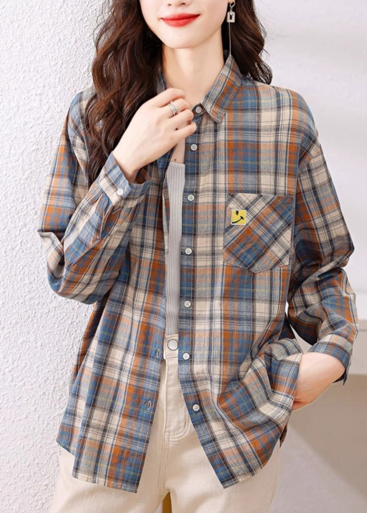 Casual Peter Pan Collar Plaid Cotton Shirts Top Spring