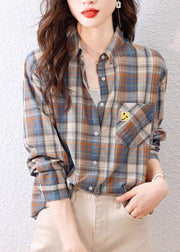 Casual Peter Pan Collar Plaid Cotton Shirts Top Spring