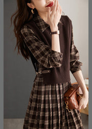 Casual Peter Pan Collar Plaid Knit Waistcoat And Mid DressTwo Pieces Set Spring