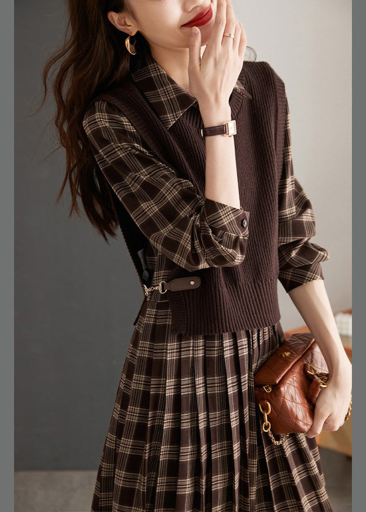 Casual Peter Pan Collar Plaid Knit Waistcoat And Mid DressTwo Pieces Set Spring