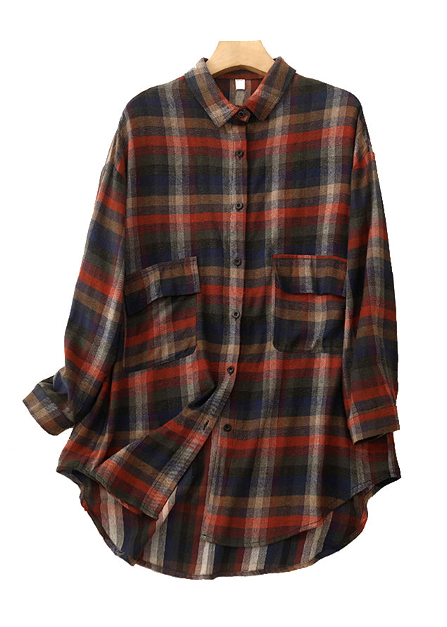 Casual Peter Pan Collar Plaid Pockets Cotton Shirt Tops Fall