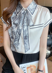 Casual Peter Pan Collar Print Bow Silk Shirts Summer