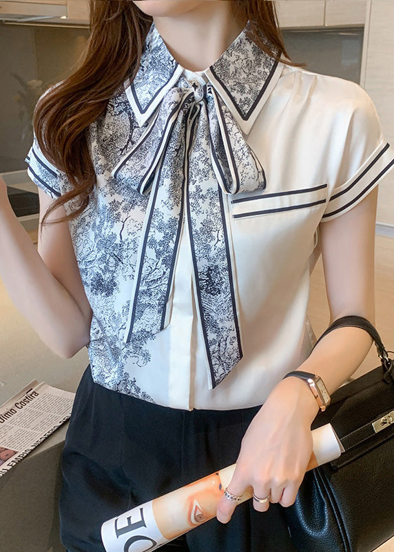 Casual Peter Pan Collar Print Bow Silk Shirts Summer