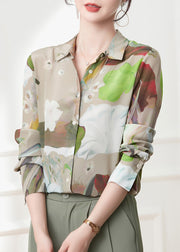 Casual Peter Pan Collar Print Button Silk Shirts Spring