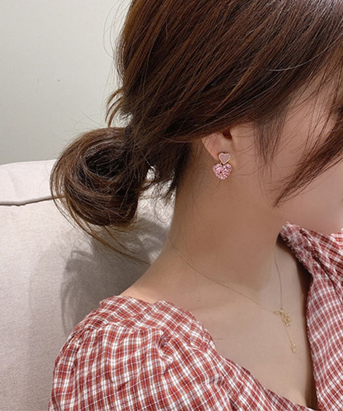 Casual Pink Alloy Inlaid Gem Stone Zircon Love Stud Earrings