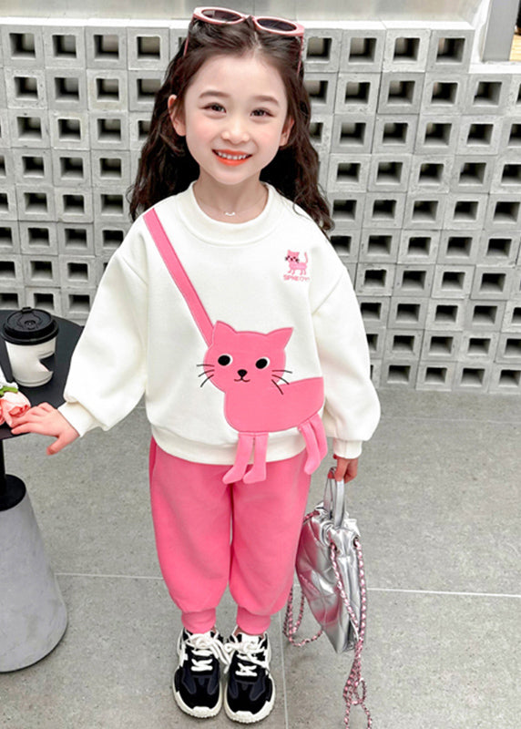 Casual Pink Animal Girls Sweatshirt And Pants Two Piece Set Clothing Spring