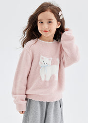 Casual Pink Animal Print Thick Cotton Knit Girls Sweater Spring