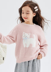 Casual Pink Animal Print Thick Cotton Knit Girls Sweater Spring