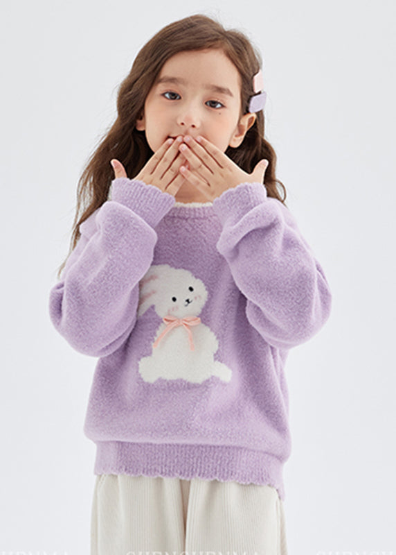 Casual Pink Animal Print Thick Cotton Knit Girls Sweater Spring