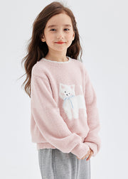 Casual Pink Animal Print Thick Cotton Knit Girls Sweater Spring