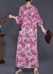 Casual Pink Cinched Print Chiffon Robe Dresses Spring
