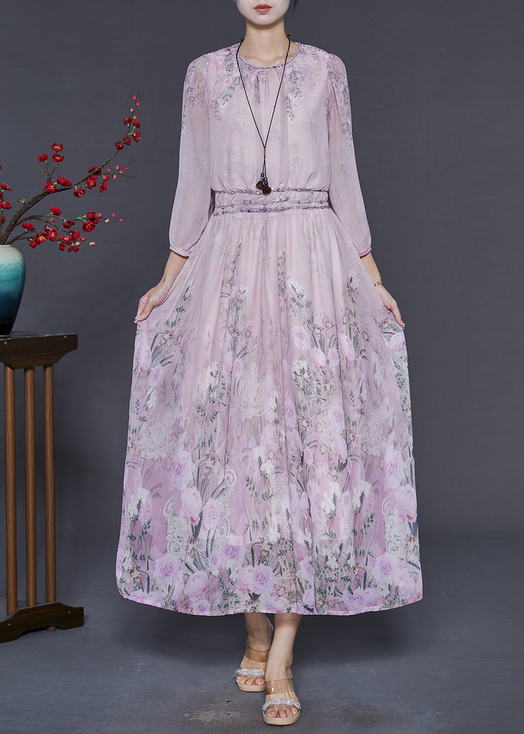 Casual Pink Elastic Waist Print Chiffon Dresses Bracelet Sleeve