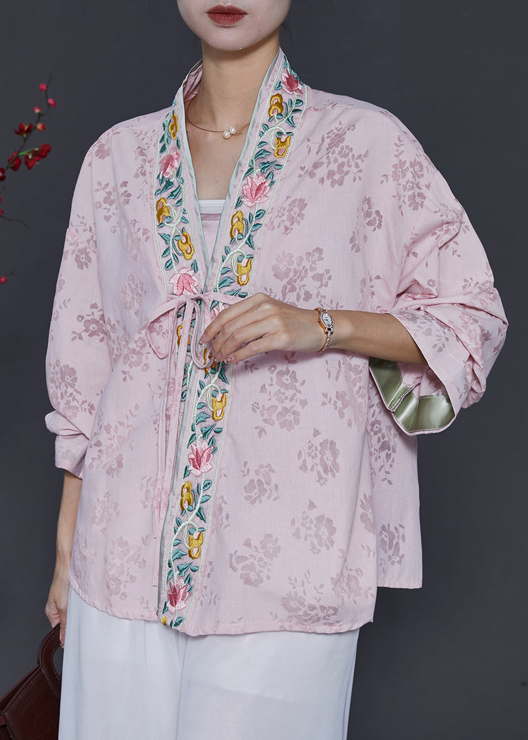 Casual Pink Embroidered Lace Up Silk Cardigans Spring