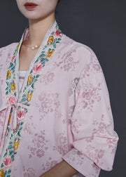 Casual Pink Embroidered Lace Up Silk Cardigans Spring