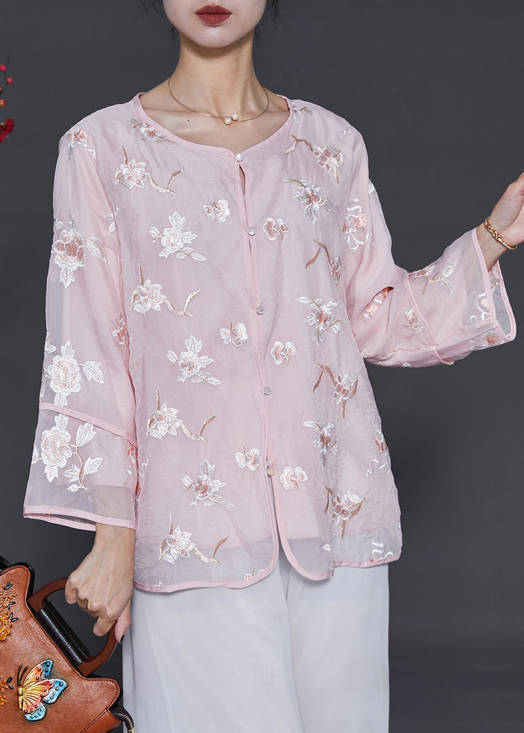 Casual Pink Embroidered Organza Blouses Summer