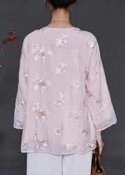 Casual Pink Embroidered Organza Blouses Summer