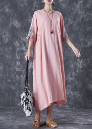 Casual Pink Embroidered Linen A Line Dress Half Sleeve