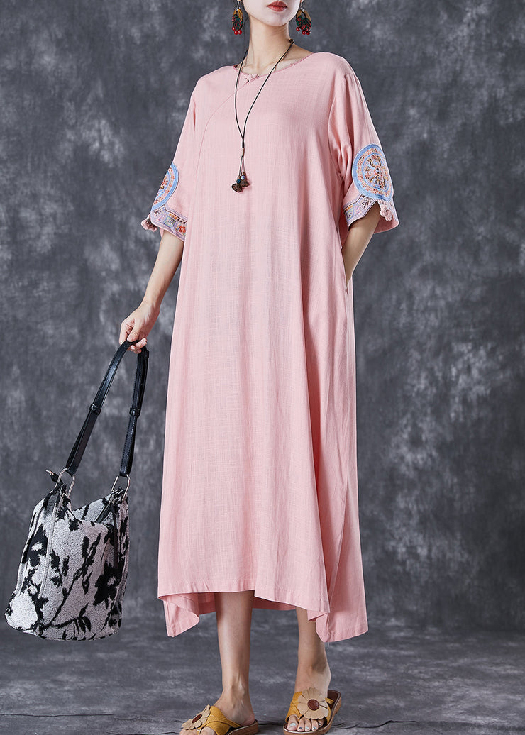 Casual Pink Embroidered Linen A Line Dress Half Sleeve