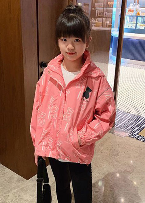 Casual Pink Hooded Print Drawstring Cotton Girls Coats Long Sleeve