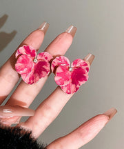 Casual Pink Metal Zircon Floral Stud Earrings