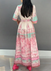 Casual Pink Notched Print Tie Waist Long Dresses Short Sleeve