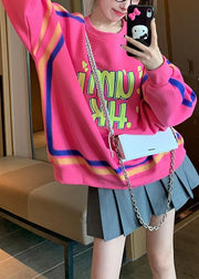 Casual Pink O Neck Graphic Warm Fleece Loose Sweatshirts Top Spring