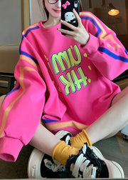 Casual Pink O Neck Graphic Warm Fleece Loose Sweatshirts Top Spring