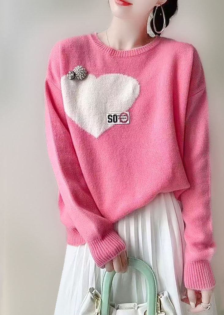 Casual Pink O-Neck Love Jacquard Nail Bead Knit Top Winter