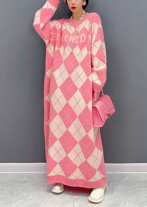 Casual Pink O Neck Oversized Plaid Knit Long Dress Winter