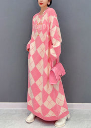 Casual Pink O Neck Oversized Plaid Knit Long Dress Winter