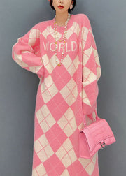 Casual Pink O Neck Oversized Plaid Knit Long Dress Winter