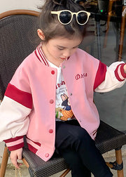 Casual Pink O-Neck Patchwork Kids Coat Fall